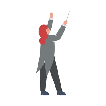 Back View of Woman Conductor Performing on Stage, Woman Musician in Tuxedo Directing Classic Instrumental Symphony Orchestra Flat Style Illustration vector