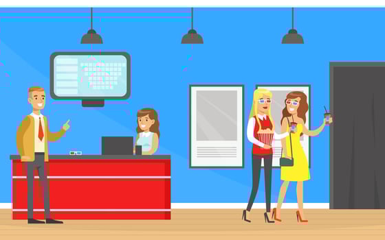 People Going to the Cinema, Visitors Buying Cinema Tickets at Service Ticket Counter Cartoon Illustration vector