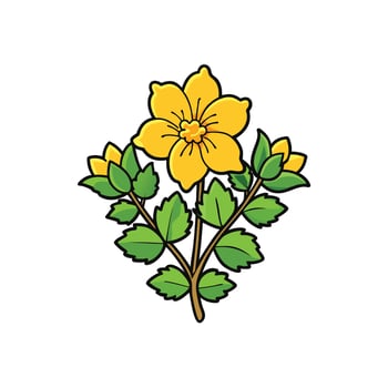 Cartoon drawing of blooming yellow flower with green leaves vector