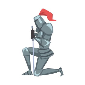 Medieval Kneeling Knight, Chivalry Warrior Character in Full Metal Body Armor with Sword Cartoon Style Illustration vector