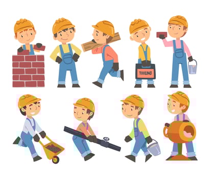 Boy Construction Workers with Professional Tools Set, Cute Little Builders Characters Wearing Blue Overalls and Hard Hat in Action Cartoon Style Illustration vector