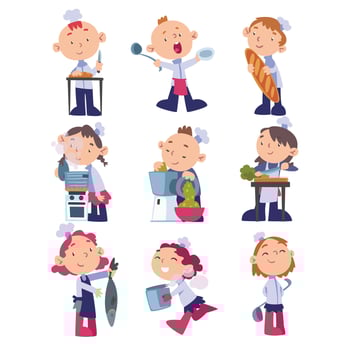Kids Chefs Set, Cute Funny Children Cookers Characters Wearing White Hat and Apron Cooking Delicious Food on Kitchen Cartoon Illustration vector