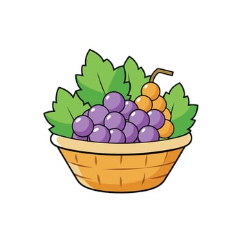 Cartoon basket overflowing with purple and golden grapes vector