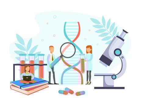 Tiny Doctors Making Blood Laboratory Analysis with Microscope, Doctors Doing Medical Research in Lab Flat Illustration vector