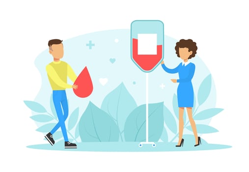 Tiny Doctor and Male Blood Donor, Blood Donation Charity Concept Flat Illustration vector