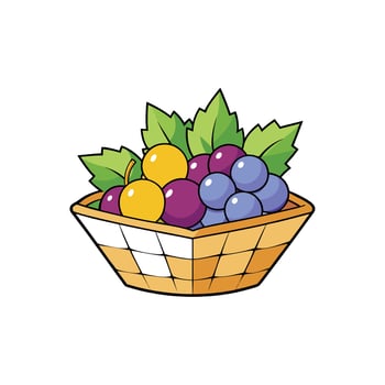 Basket brimming with colorful grapes and leaves, playful design vector
