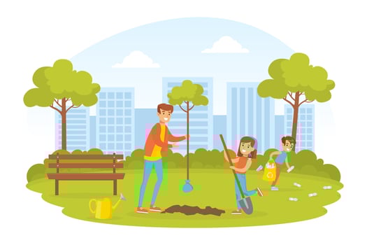 People Taking Care about Ecology, Young Woman and Two Children Planting Trees in Park, Ecology and Environment Protection Concept Flat Illustration vector