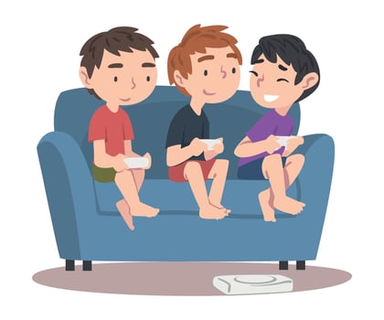 Boys Sitting on Sofa Playing Game, Children Having Fun Together with Computer Gaming Cartoon Style Illustration vector
