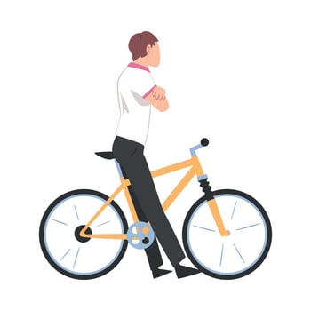 Young Man Sitting on Bike with Folded Hands, Side View Male Cyclist Character on Bicycle, Active Healthy Lifestyle Concept Cartoon Style Illustration vector