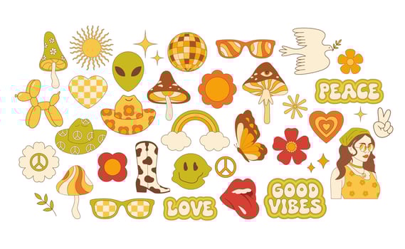 Groovy hippie set. Flat style vector