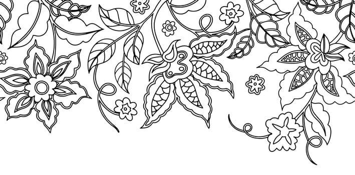 Coloring book. Seamless border of abstract flowers. Outline vector