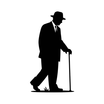 A silhouette of an elderly man walking with a cane captures a moment of solitude cutouts' png