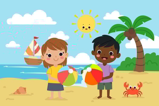 Cute beach scene with kids holding beach balls , summer vacation illustration vector
