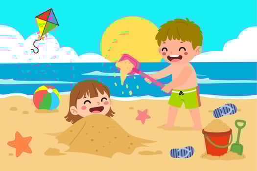 Two cute kids burying each others in sand, two kids playing in the beach illustration vector