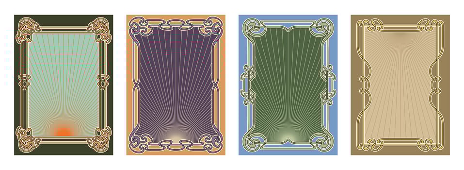 Set of four ornate Art Nouveau vintage frames with sunburst patterns, elegant floral curves, and retro color schemes. Ideal for posters, invitations, or packaging. vector