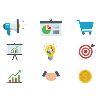Set of flat business and marketing icons including megaphone, chart, shopping cart, lightbulb, handshake, target, and money coin. Colorful for finance and advertising design vector