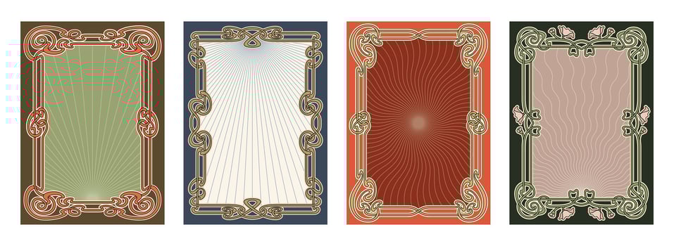 Collection of four vintage Art Nouveau frames with radiant sunburst backgrounds, decorative floral borders, and retro color tones. Perfect for labels, cards, or prints vector