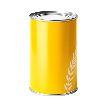 Yellow tin can with wheat design. Food packaging mockup. png
