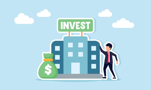 Businessman standing next to a money bag and a building labeled invest illustration of managing business financial investment vector