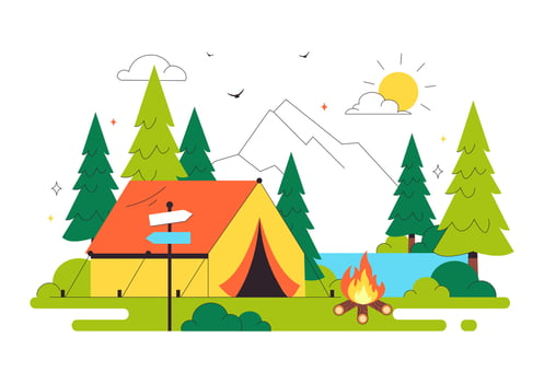 Summer Camping Illustration with Tents in the Mountains for Travel and Outdoor Fun vector