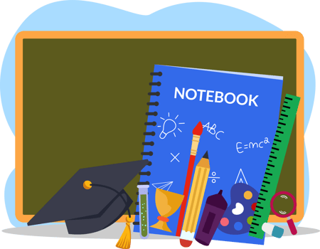 illustration of educational supplies with chalkboard background. back to school illustration. education illustration. education supplies icon png