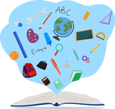 Open book background with education supplies icon png