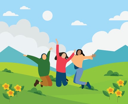 happiness excitement are evident expression these young women as they jump nature. Women jumping and being happy. happy friends jumping with a background of grass and mountains vector