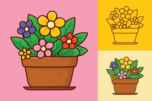 Cartoon flower pot sticker with colorful blossoms vector