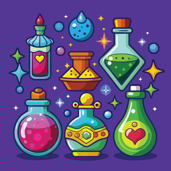 Colorful Cartoon Magic Potions and Elixirs on a Purple Background vector