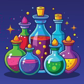 Colorful Cartoon Potions and Elixirs with Corks on a Dark Blue Background vector