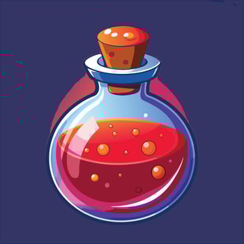 Cartoon Style Potion Bottle with Red Liquid and Bubbles on Dark Background vector
