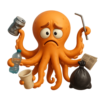 Confused Octopus with Trash in its Arms Needs Environmental Cleanup png