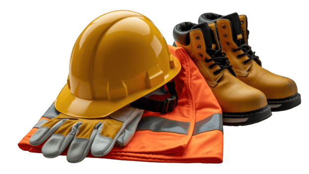 Work safety clothing, boots, gloves and helmet on transparent background png