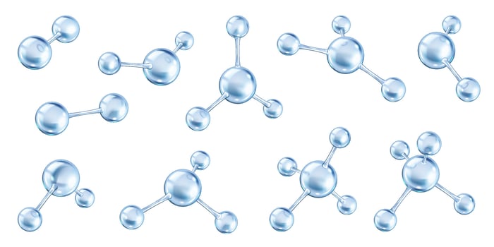 Multiple collagen molecules connecting realistic color icons set. Network of bonds and complex structures 3d objects bundle on white background vector