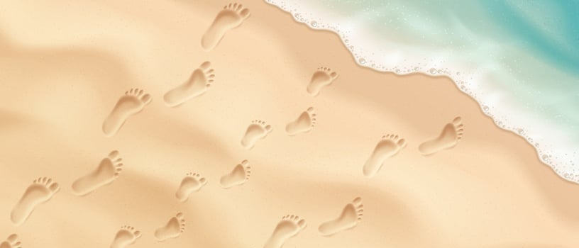 Illustration showing footprints in soft sand. Family footprints lead to the sea. Mother, father and child run toward the sea wave. Soft waves lapping the shore. Warm beige and blue colors. vector
