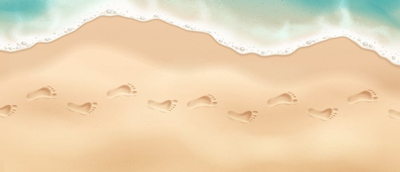 Illustration of sandy beach with footprints in realistic style. Soft beige and blue colors. Represents a serene beach walk. Ideal for travel promotions. vector