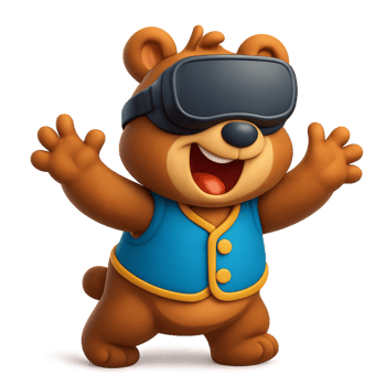 Excited Cartoon Bear in VR Headset with Playful Gesture png