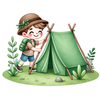 A cheerful boy camping and setting up a green tent in nature. png