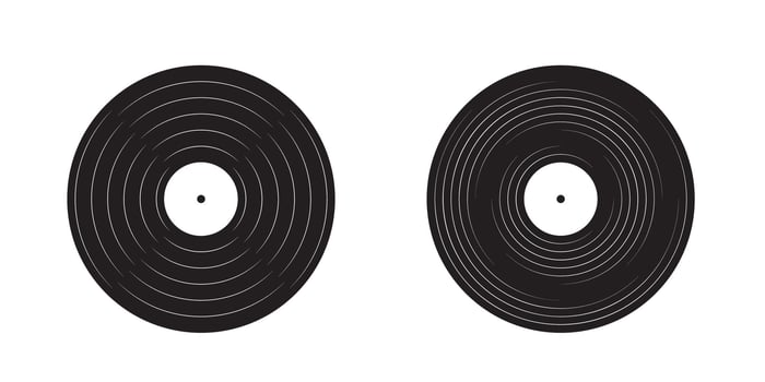 Vintage music record icons set LP discs and DJ equipment for retro party mood Nostalgic 70s 80s 90s style graphic isolated on white vector