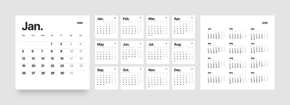 Monthly calendar layout for 2026 year. Planner Square diary for 2026 year. Week Starts on Monday. vector