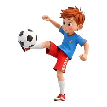 Enthusiastic Cartoon Boy Kicking a Soccer Ball with Precision on Transparent Background png