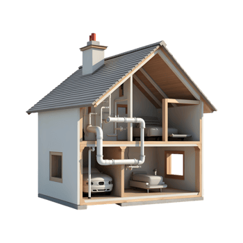 Detailed cross-section illustration of a modern house with intricate piping and transparent background png