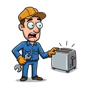 Confused Repairman Clipart with Toaster and Wrench - Funny Home Appliance Problem Concept vector