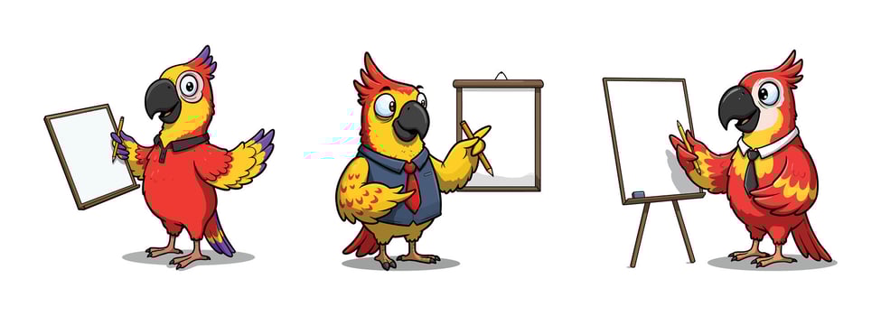 Set of Smart Parrot Clipart with Whiteboards - Funny Education and Presentation Concept vector