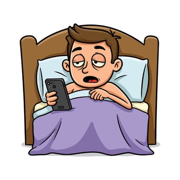 A Funny Sleepless Man Clipart Using Phone in Bed - Cartoon Insomnia and Screen Addiction vector