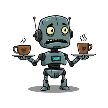 Overwhelmed Robot Clipart Serving Coffees With Both Hands - Funny Busy AI Character vector