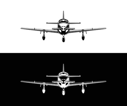 front view airplane illustration, black and white of a small airplane vector