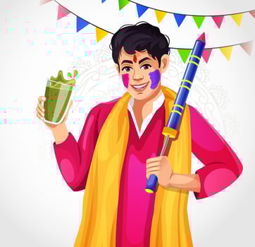 Indian man in ethnic clothes with painted faces, holding pichkari and bhang- celebrating holi festival editable . Glass of bhang thandai Indian traditional drink to celebrate Holi vector