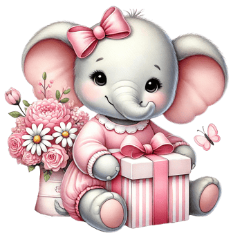 Cute baby elephant with a gift and flowers, perfect for celebrations. png