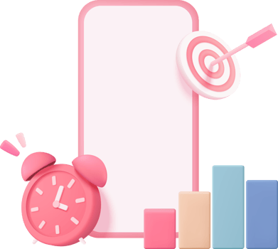 A pink phone with an alarm clock and a target png